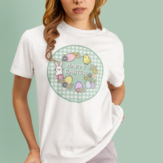 Camiseta Happy Easter Bunny Chick Eggs Green Gingham
