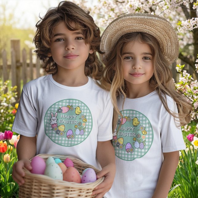 Camiseta Happy Easter Bunny Chick Eggs Green Gingham (Criador carregado)