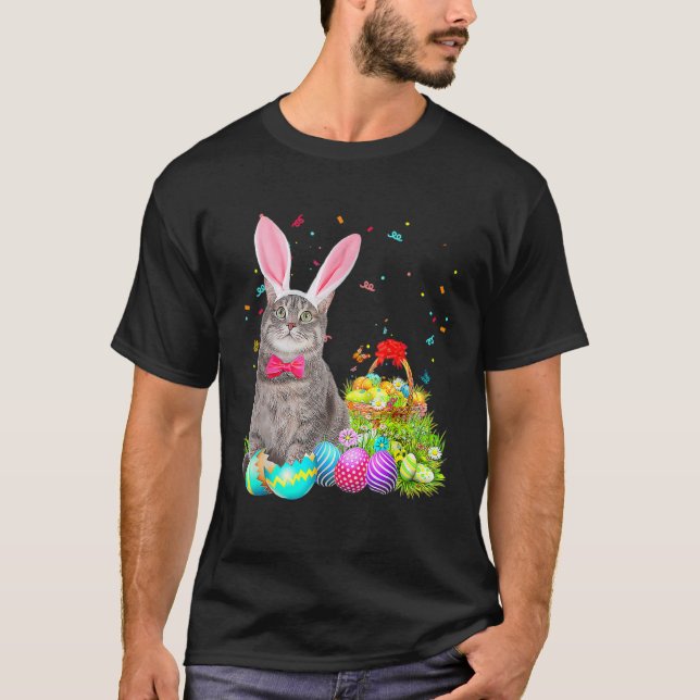 Camiseta Happy Easter Cute Bunny Cat Eggs Basket Men Women (Frente)