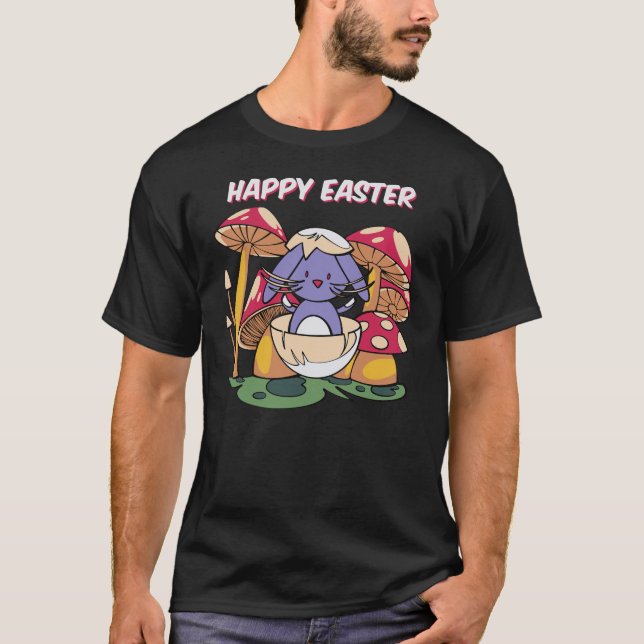 Camiseta Happy Easter Cute Bunny in Egg Kawaii Mushroom S (Frente)