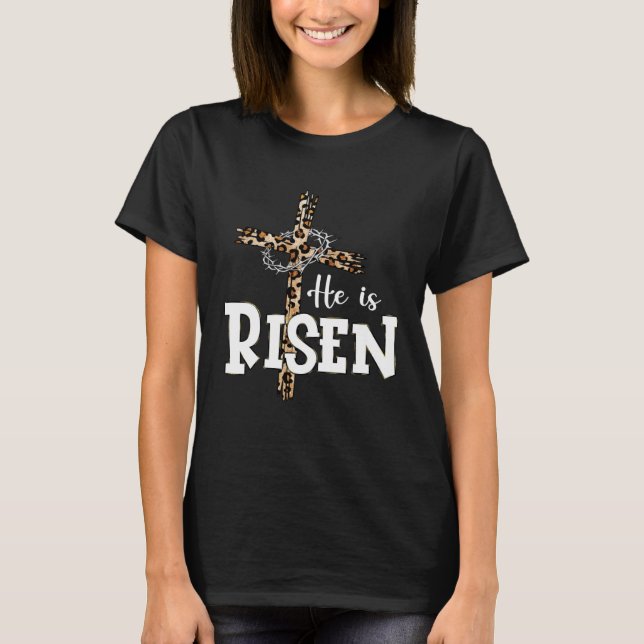 Camiseta Happy Easter Day He Is Risen Jesus Leopard Christi (Frente)