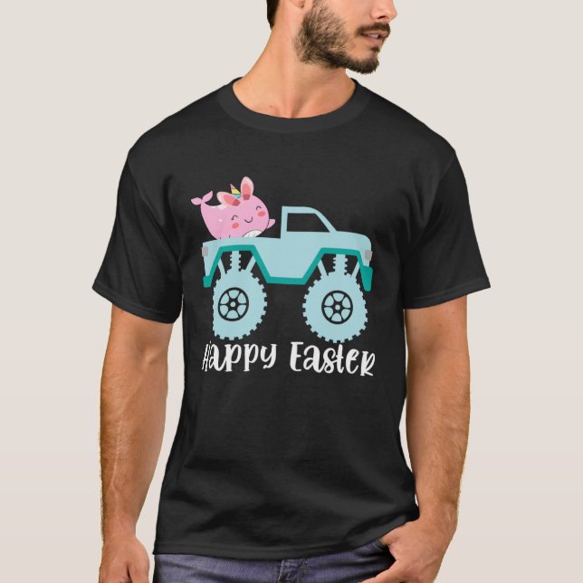 Camiseta Happy Easter Narwhal Riding Monster Truck Toddler (Frente)