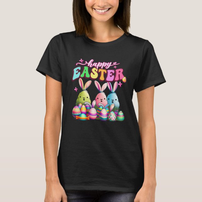 Camiseta Happy Easter  Rabit Eggs Retro Groovy Bunny Easter (Frente)