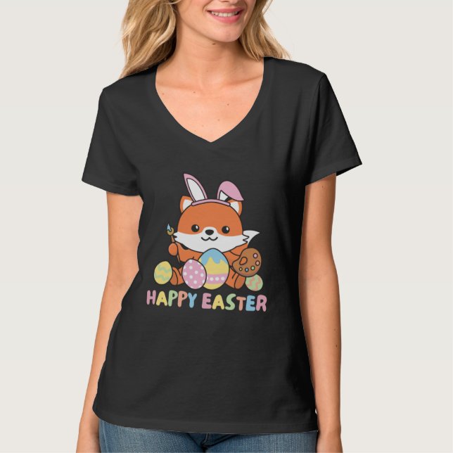 Camiseta Happy Easter Sweet Fox For Easter With Easter Eggs (Frente)