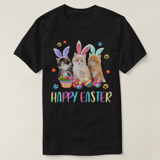 Camiseta Happy Easter Three Cat Wearing Bunny Ear Kitty Kit (Frente do Design)