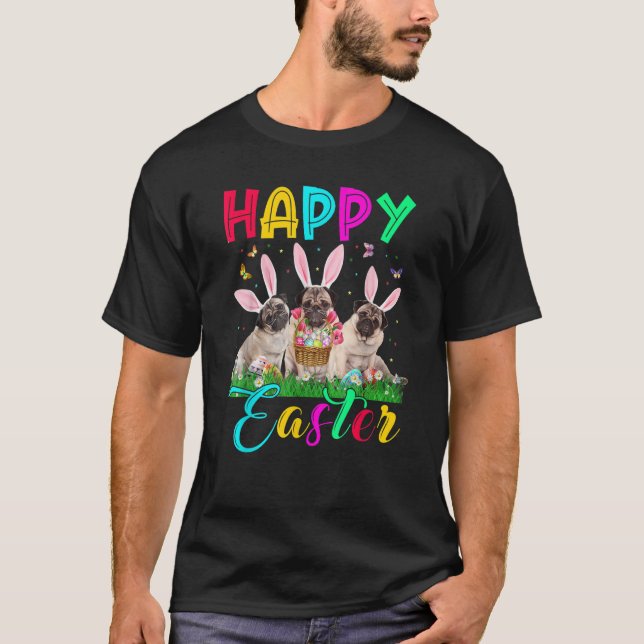 Camiseta Happy Easter Three Pug Wearing Bunny Ear Pug (Frente)