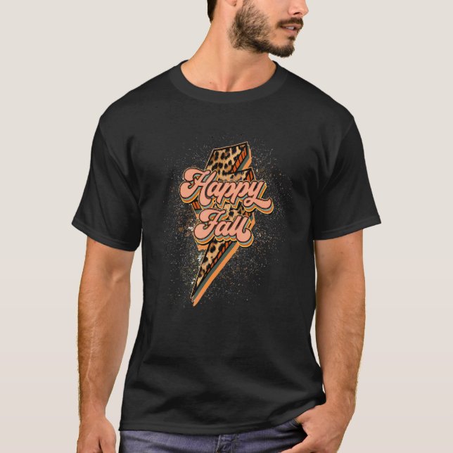 Camiseta Happy Fall Lightning Bolt Leopard  Hello Fall Autu (Frente)