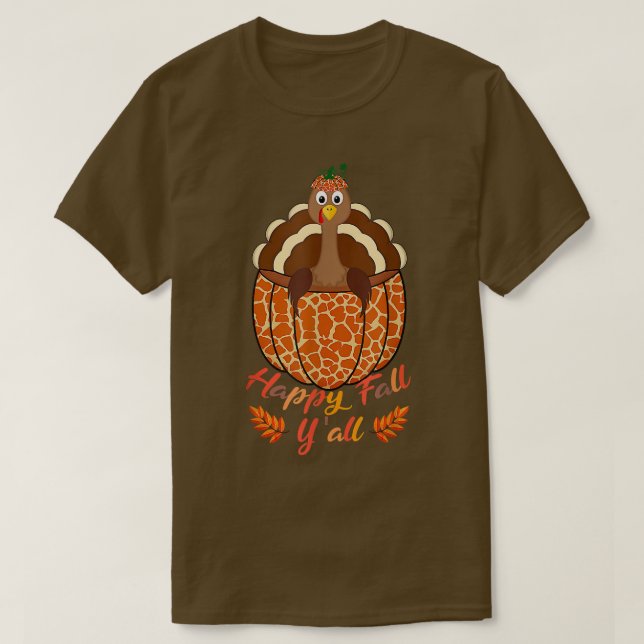 Camiseta Happy Fall Y all Turkey Pumpkin Giraffe Impressão  (Frente do Design)