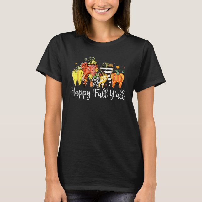 Camiseta Happy Fall Y'all Pumpkin Tooth Lepard Zebra Hallow (Frente)