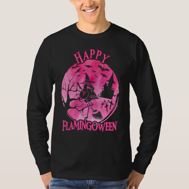 Camiseta Happy Flamingoween Fall Flamingo With Broom (Frente)