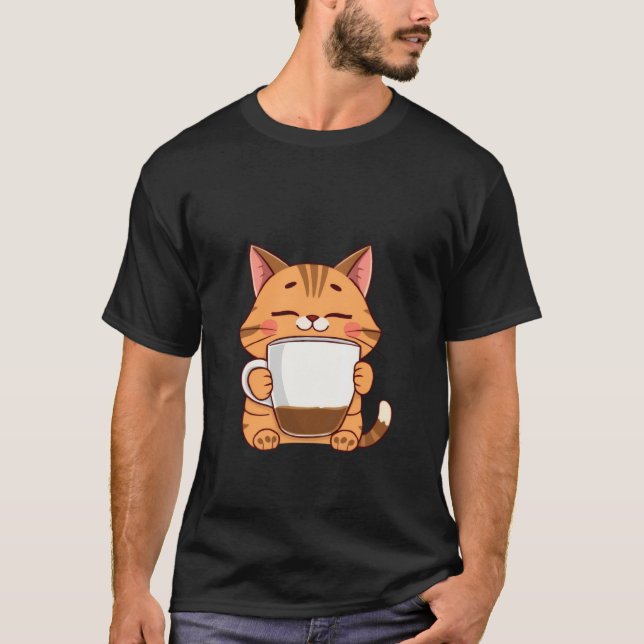 Camiseta Happy Ginger Cat Hugging Coffee Mug Peace ✨🐾☕ (Frente)