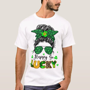 Camiseta Happy Go Lucky Mensagem Bun Shamrock Dia de São Pa