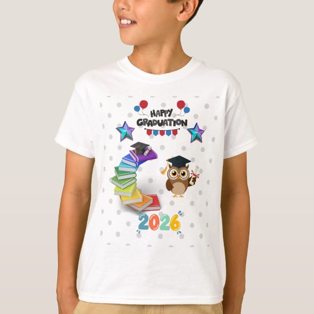 Camiseta Happy Graduation 2026 - Cute Owl & Books  (Frente)