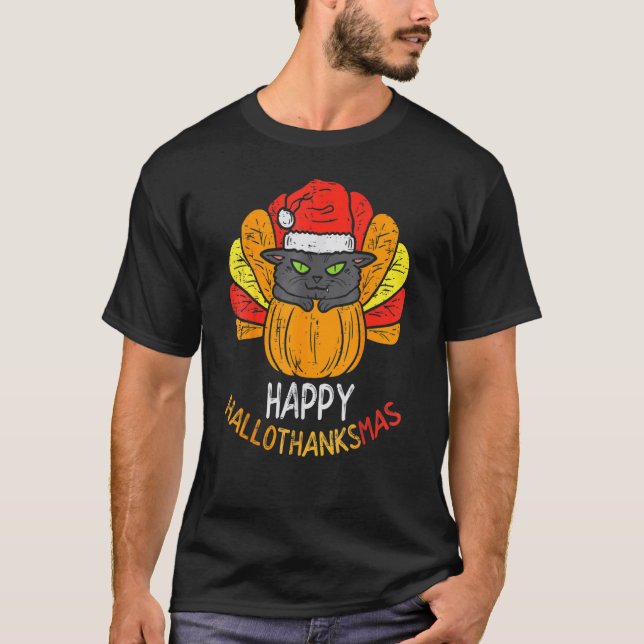 Camiseta Happy Hallothanksmas Cat Turkey Cat Thanksgiving C (Frente)
