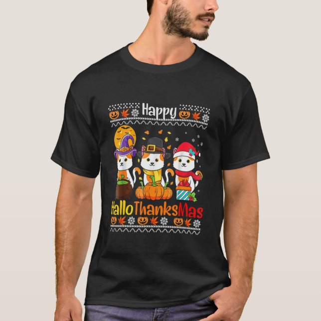 Camiseta Happy HalloThanksMas Cats Fall  Thanksgiving Chris (Frente)