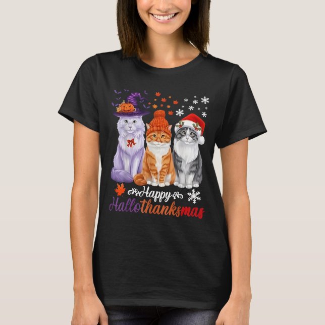 Camiseta Happy HalloThanksMas Cats Halloween Thanksgiving C (Frente)