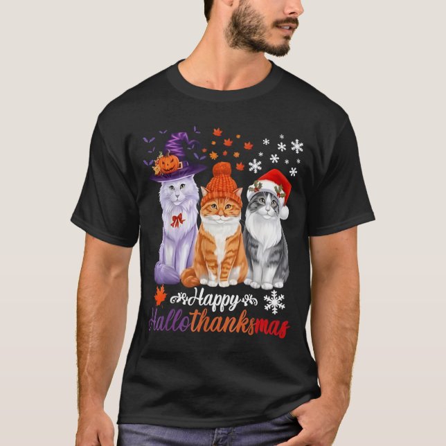 Camiseta Happy HalloThanksMas Cats Halloween Thanksgiving C (Frente)