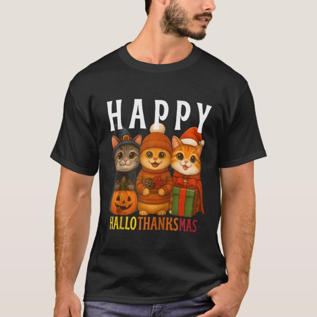Camiseta Happy Hallothanksmas Cats Halloween Thanksgiving C (Frente)