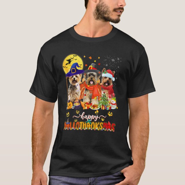 Camiseta Happy Hallothanksmas Cute Yorkie Wizard Hat Turkey (Frente)