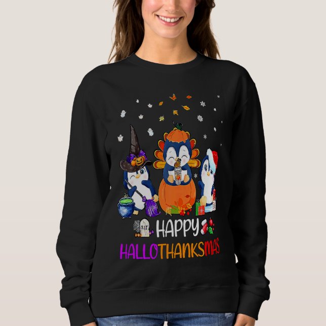 Camiseta Happy HalloThanksMas Fall Pumpkin  Penguin (Frente)