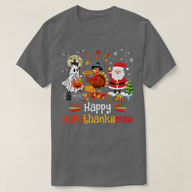 Camiseta Happy Hallothanksmas Ghost Turkey Pumpkin Christma (Frente do Design)