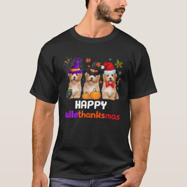 Camiseta Happy Hallothanksmas Goldendoodle Dava Engraçada (Frente)