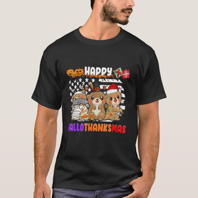 Camiseta Happy Hallothanksmas Otter  Thanksgiving Christmas (Frente)