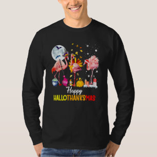 Camiseta Happy Hallothanksmas Pink Flamingo Witch Santa Hat