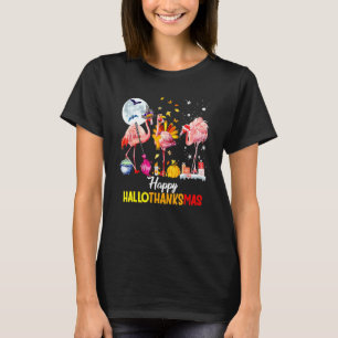 Camiseta Happy Hallothanksmas Pink Flamingo Witch Santa Hat