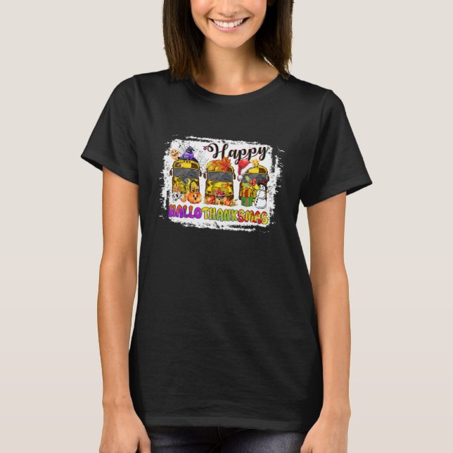 Camiseta Happy Hallothanksmas School Bus Witch Santa Hat Pu (Frente)