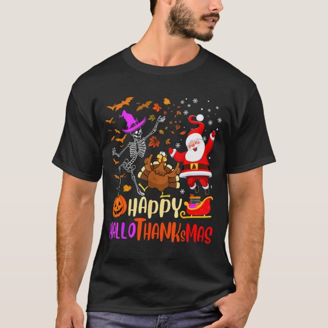 Camiseta Happy Hallothanksmas Skeleton Pumpkin Turkey Santa (Frente)