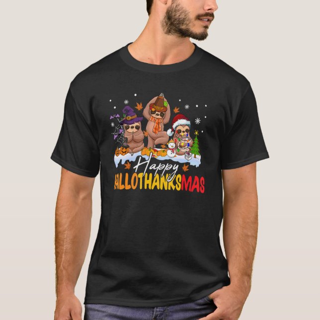 Camiseta Happy Hallothanksmas Sloth  Thanksgiving Christmas (Frente)