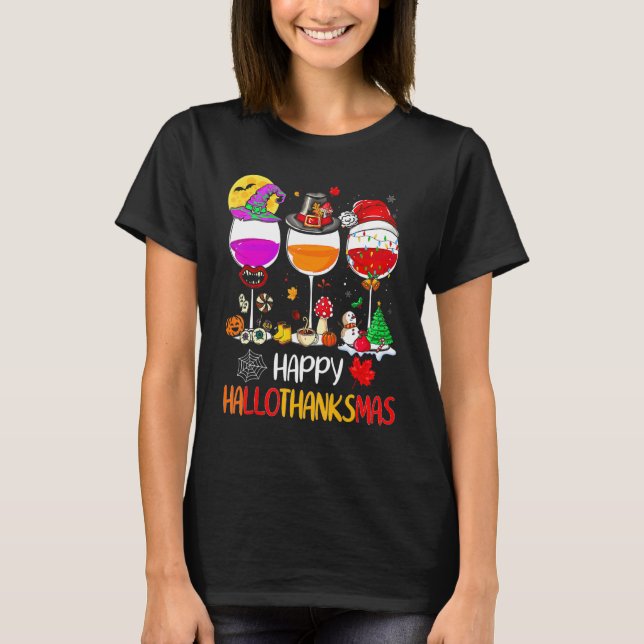 Camiseta Happy Hallothanksmas Wine Glasses Witch Santa Hat  (Frente)