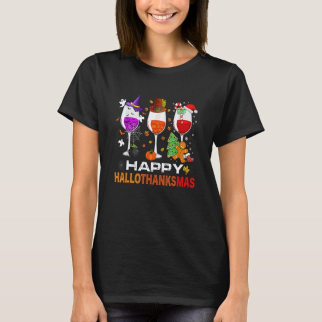 Camiseta Happy Hallothanksmas Wine Glasses Witch Santa Hat  (Frente)