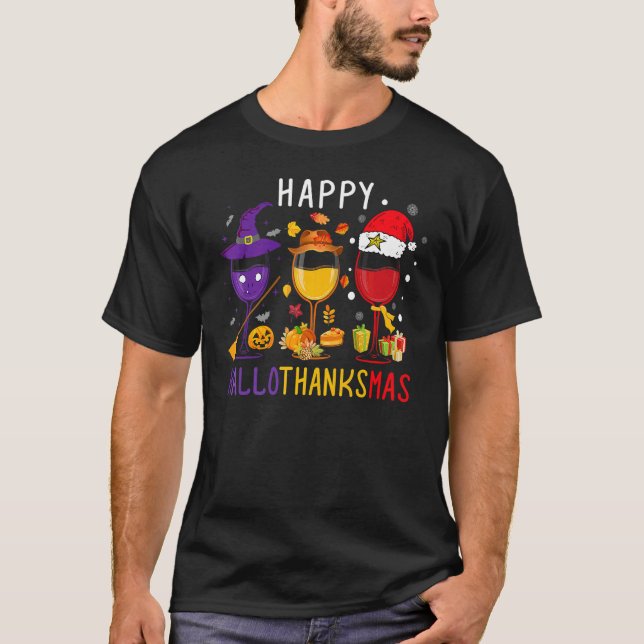 Camiseta Happy Hallothanksmas Wine Halloween Thanksgiving C (Frente)