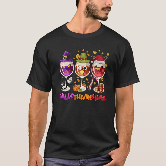 Camiseta Happy Hallothanksmas Wine Halloween Thanksgiving C (Frente)
