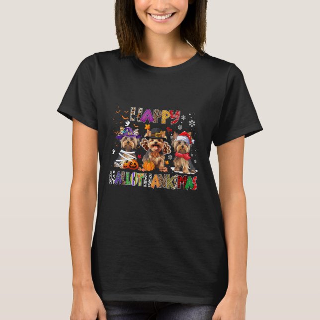 Camiseta Happy Hallothanksmas Yorkshire Dog Halloween (Frente)