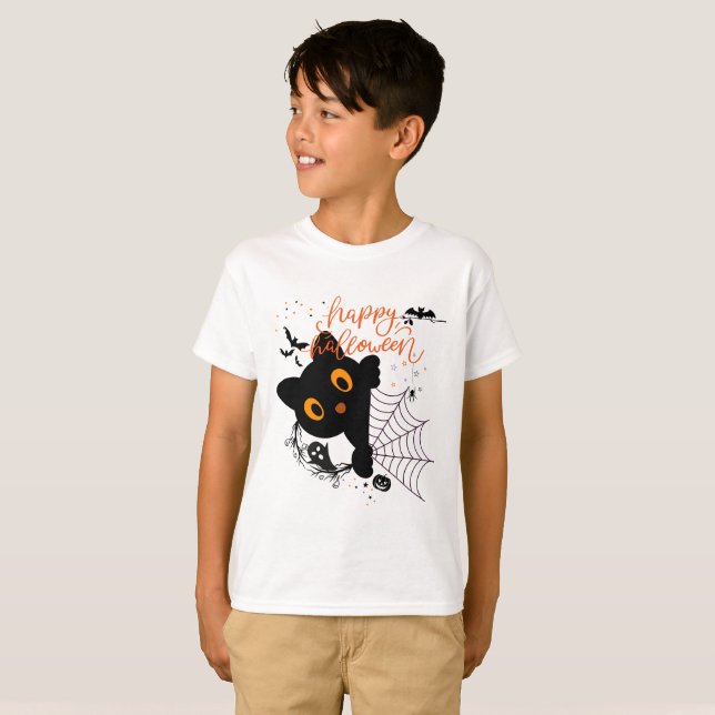 Camiseta Happy Halloween Cat & Pumpkins (Frente Completa)