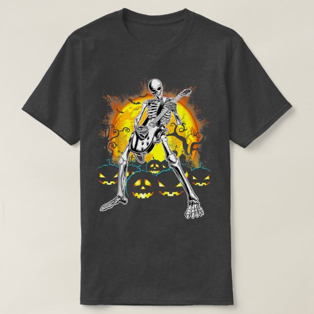 Camiseta Happy Halloween Funny Skeleton Playing Guitar Pump (Frente do Design)