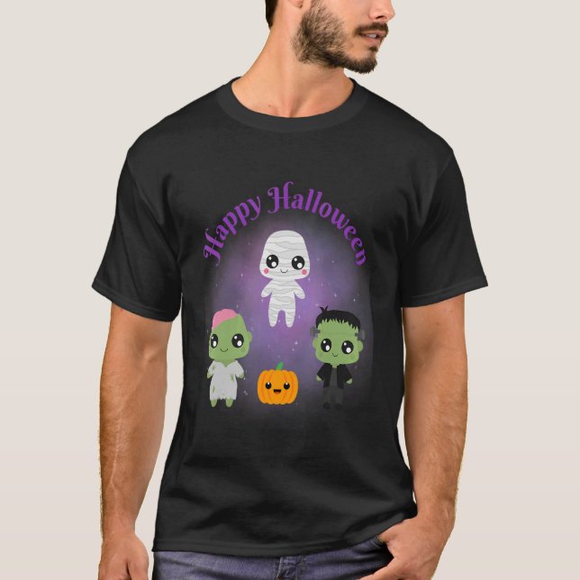 Camiseta Happy Halloween Monsters Mummy Frankenstein Zombie (Frente)