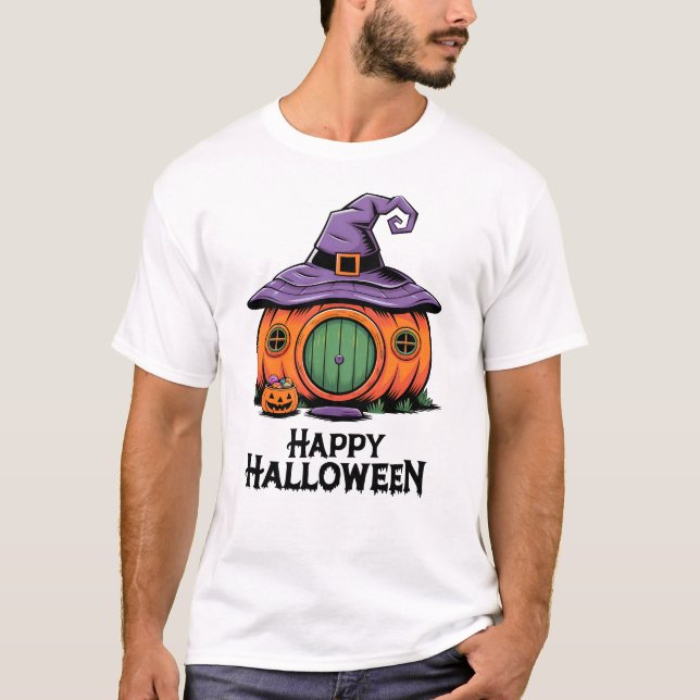 Camiseta Happy Halloween Pumpkin Cottage & Witch Roof Hat (Frente)