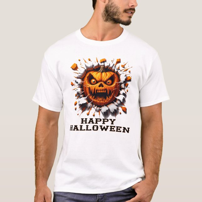 Camiseta Happy Halloween Pumpkin Smashing Through (Frente)