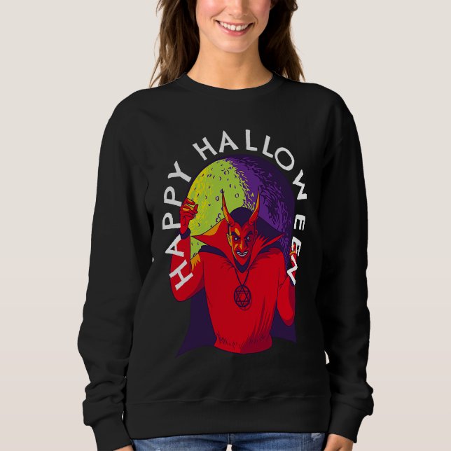 Camiseta Happy Halloween Spooky Devil Satan in Full Moon (Frente)
