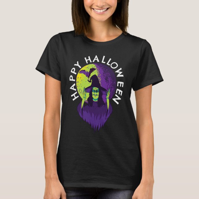 Camiseta Happy Halloween Spooky Witch and Vampire Bat in Fu (Frente)