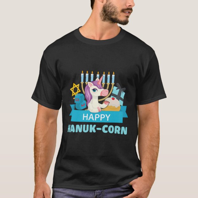 Camiseta Happy Hanuk-Corn Unicorn Menorah Hannukah Gift (Frente)