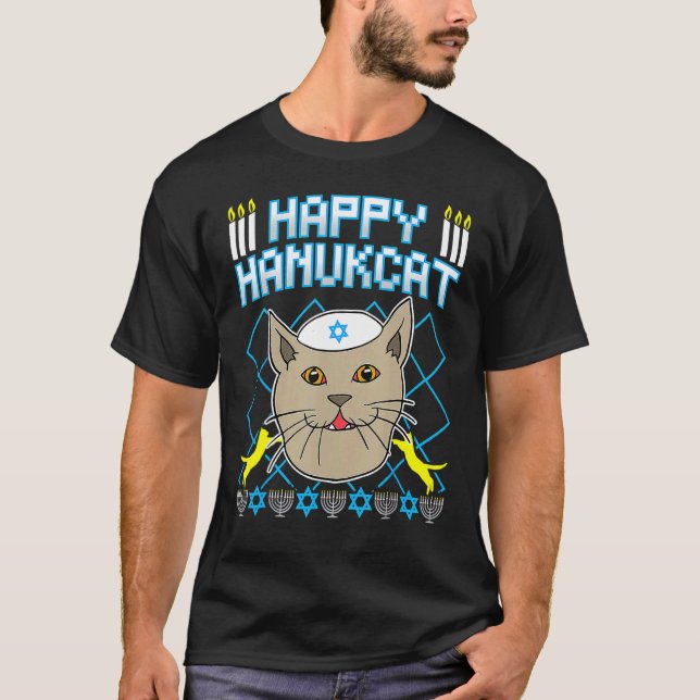 Camiseta Happy Hanukcat  Jewish Cat Ugly Christmas Sweater (Frente)