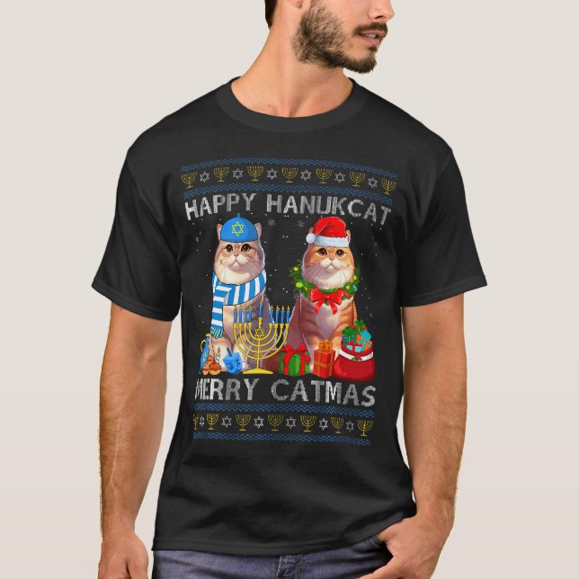 Camiseta Happy Hanukcat Merry Catmas Ugly Christmas Chanuka (Frente)
