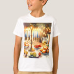 Camiseta Happy Hanukkah<br><div class="desc">Ilustração de aquarela de Hanukkah. Uma mesa bem arrumada para uma comemoração festiva,  com uma menorah tradicional com velas iluminadas. Luz suave e quente,  enquanto decorações de férias adicionam um toque de alegria. Luzes quentes criando uma atmosfera acolhedora e convidativa.</div>