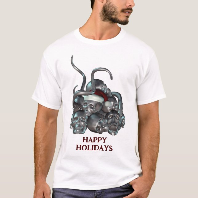 Camiseta Happy Holidays. Skull pile and tentacles (Frente)
