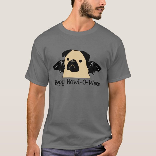 Camiseta Happy Howl-O-Ween Pug com Asas Bat (Frente)